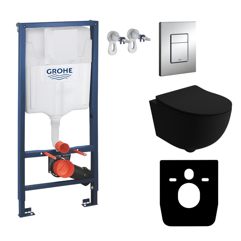 GROHE Vorwandelement Solido + Wand Hänge WC Brava Schwarz Spülrandlos + WC-Sitz SoftClose | Verchromter Knopf | Komplettset | Unterputz Spülkast...