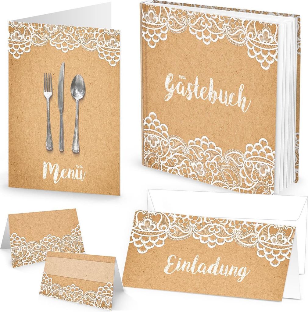 SET: 10 Menükarten + 25 Tischkarten Kraftpapier vintage Spitze PLUS GÄSTEBUCH + 10 EINLADUNGSKARTEN weiß beige creme-farben Tischdeko Hochzeit K...