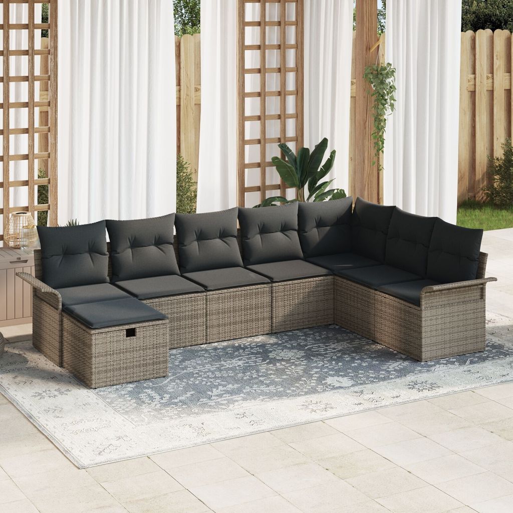 8-teiliges Garten Sofa Set mit Kissen Grau Poly Rattan, Gartensofas DesignMöbel Neu