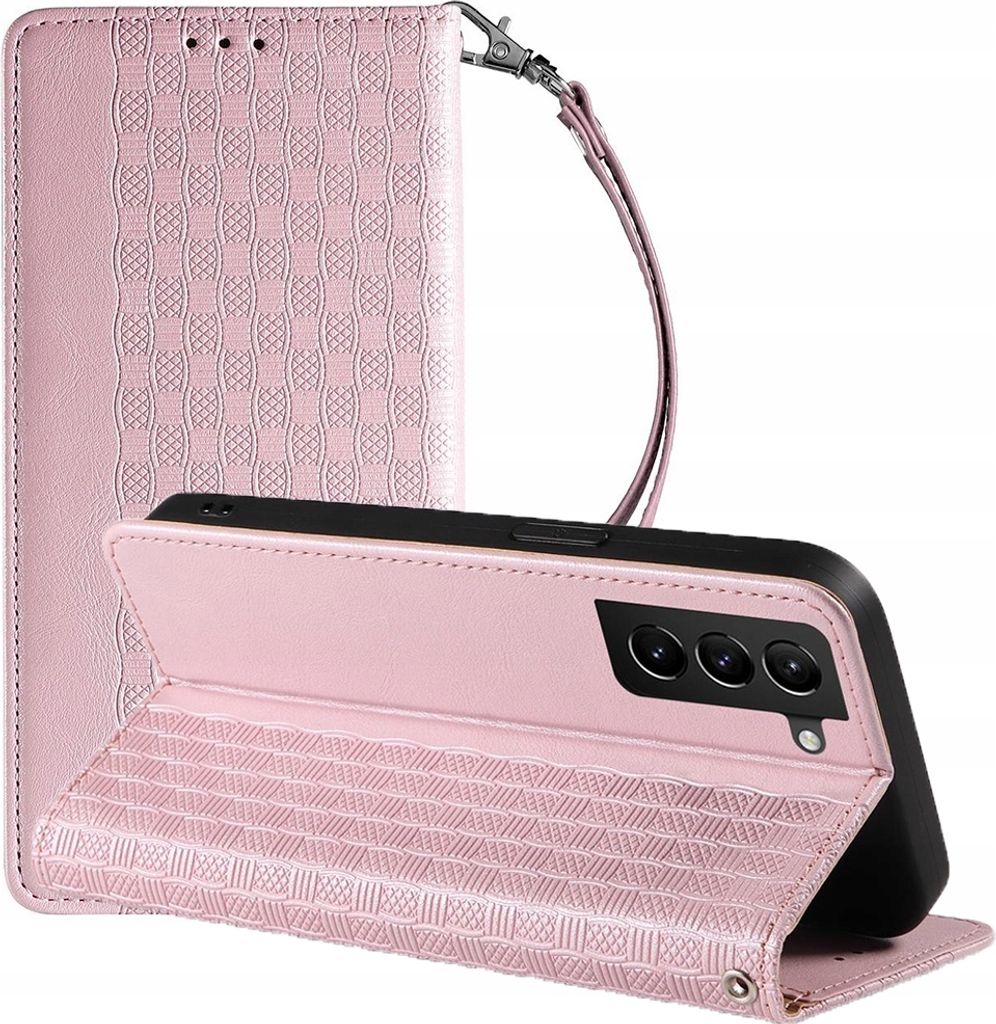 Magnet Strap Case für Samsung Galaxy S22+ (S22 Plus) Wallet Case + Mini-Lanyard-Anhänger rosa