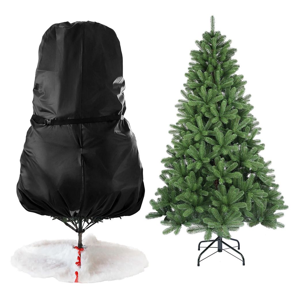 A Christmas tree bag and a Christmas tree are shown side-by-side against a white background.
