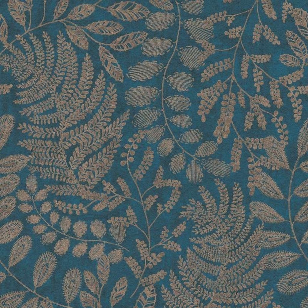 A repeating pattern of botanical elements on a teal background.