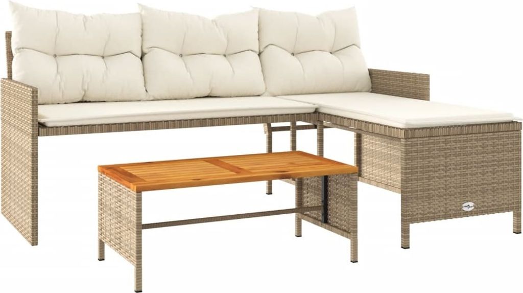 vidaXL Gartensofa in L-Form mit Tisch und Kissen Beige Poly Rattan