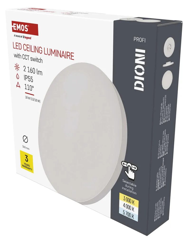 Plafonnier LED Anti-Humidité IP55 360mm EMOS CCT Blanc Durable
