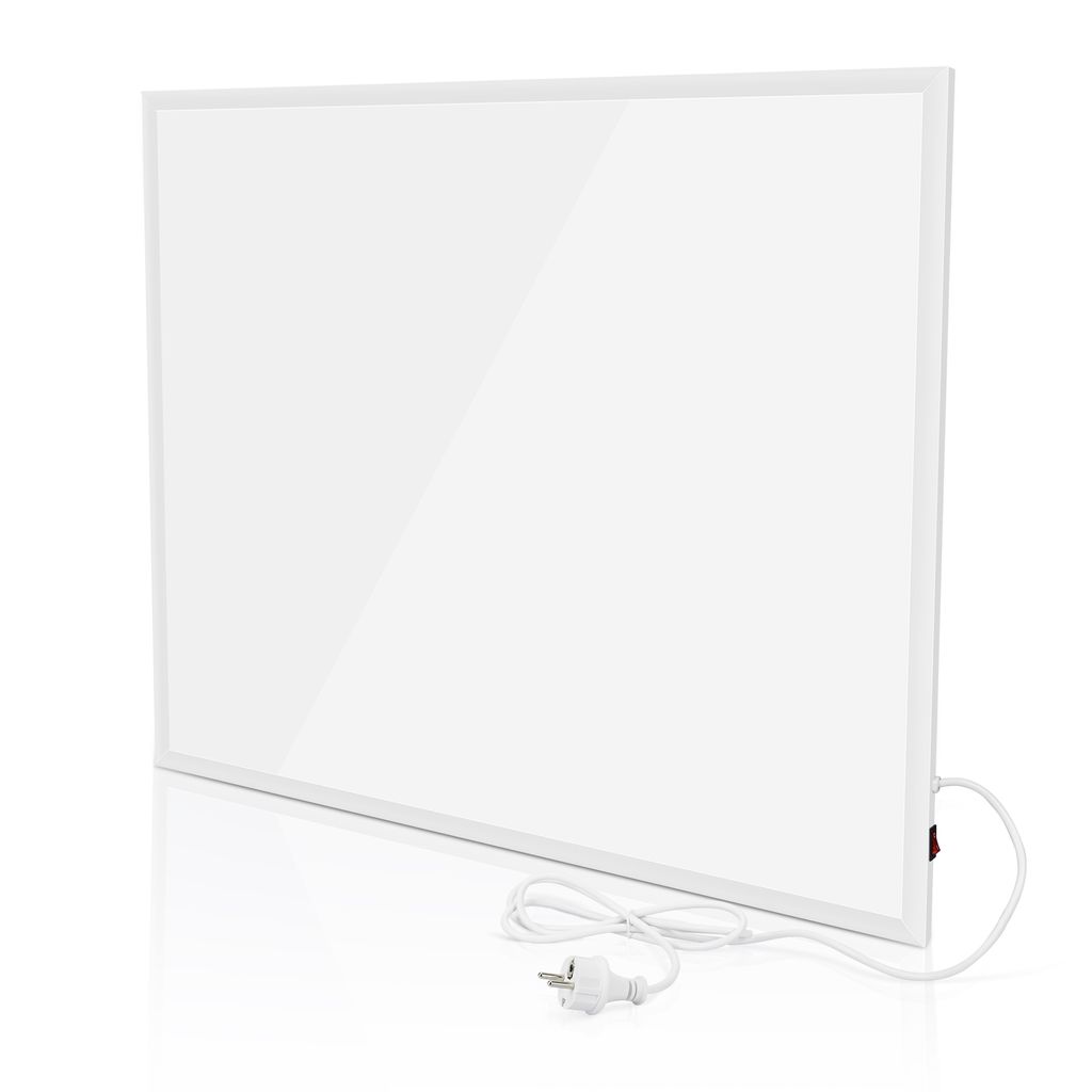 A white panel heater with a power cord and plug is shown against a white background.
