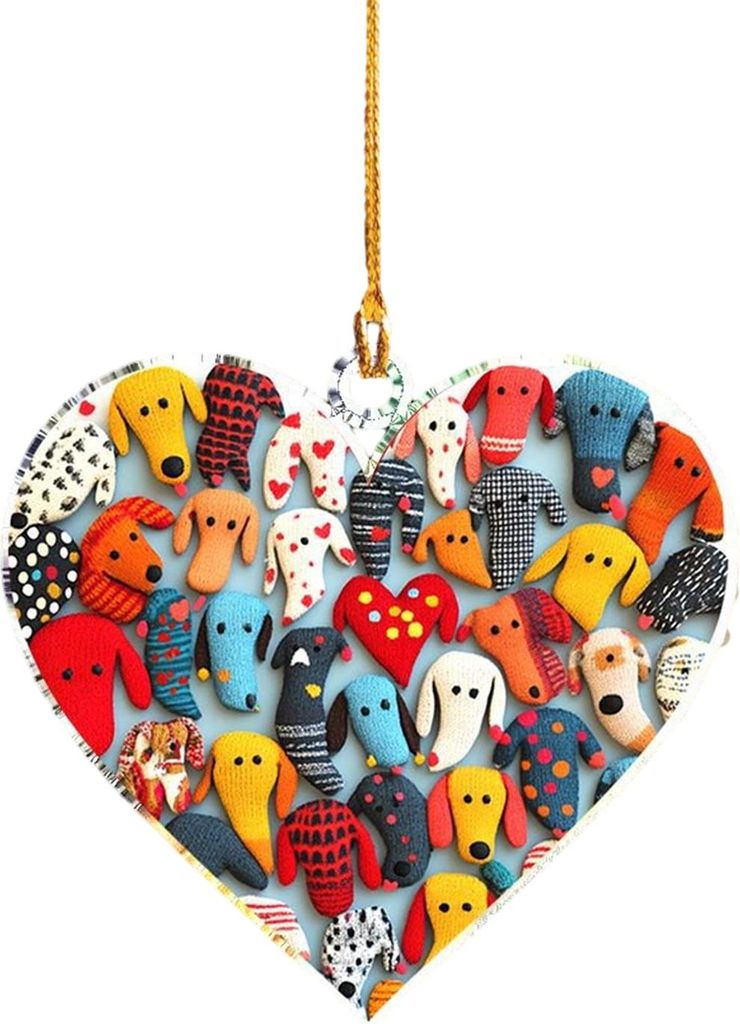 Herzförmiger Dackel-Weihnachtsschmuck, Acryl, zum Aufhängen am Auto-Rückspiegel, herzförmiger Hundeanhänger für die Feiertage