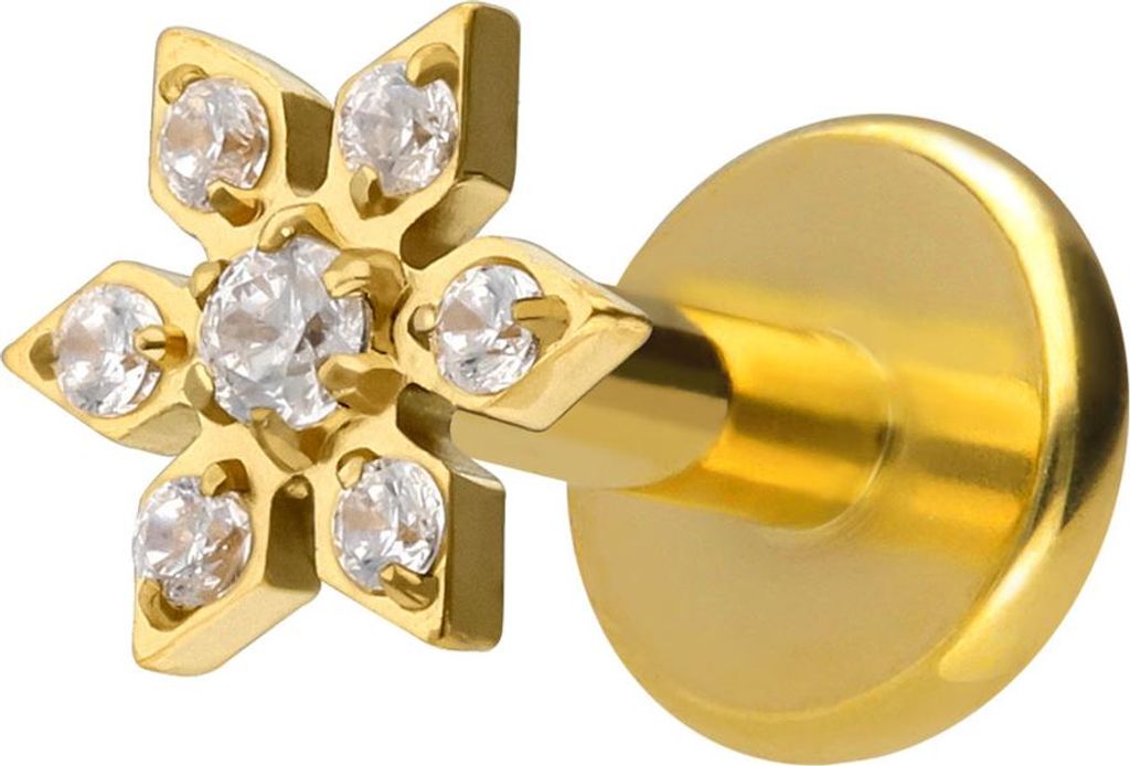 Ohrpiercing, Nasenpiercing Titan Labret mit Innengewinde KRISTALLBLUME Gold Stablänge: 8mm | Stabstärke: 1,6mm