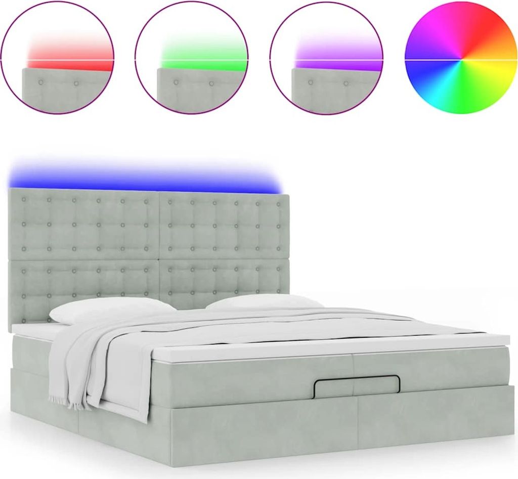 Ottoman-Bett mit Matratzen & LEDs Hellgrau 200x200 cm Samt