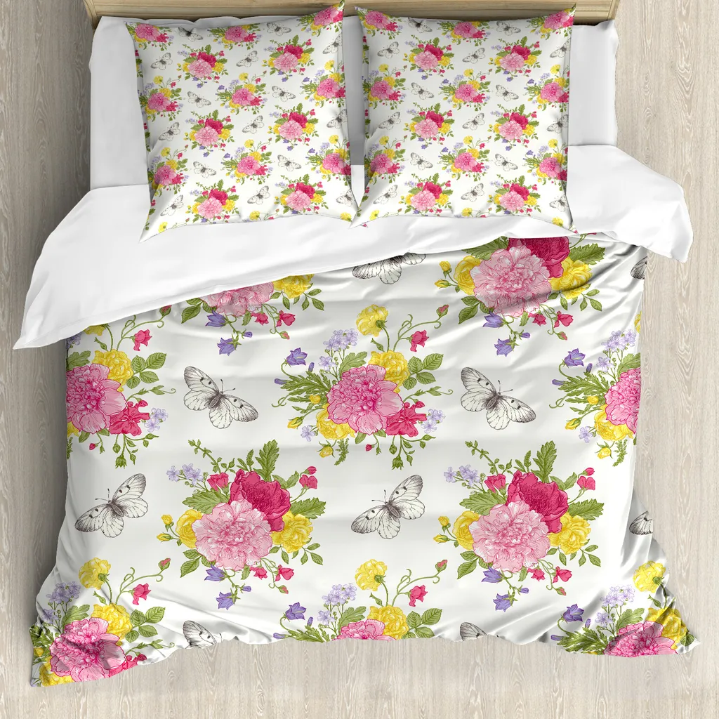 ABAKUHAUS Copripiumino Shabby Flora, giardino botanico, antiacaro, adatto a chi soffre di allergie, con federe, 155 cm x 220 cm - 80 x 80 cm, multicolore