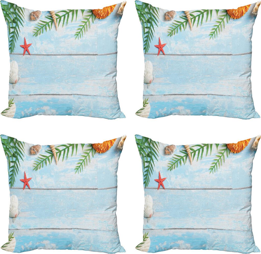 ABAKUHAUS Muscheln Kissenbezug Set (4 Stück), Fisch Seashell Maritime, Moderner Doppelseitiger Digitaldruck, 50 cm x 50 cm, Blassblau Grün Gelb