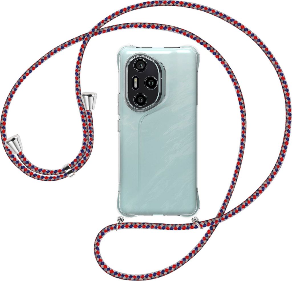 Handykette Backcover-Schutzhülle mit Band (Metall silberfarben) für Honor 300 Pro 5G - silber/blau/rot