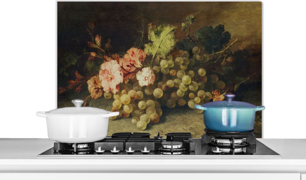KitchenYeah Spritzschutz Küche - Küchenrückwand - Wandschutz für Herd und Spüle - Obst - Stilleben mit Weintrauben - Alte Meister 90x60 - A...