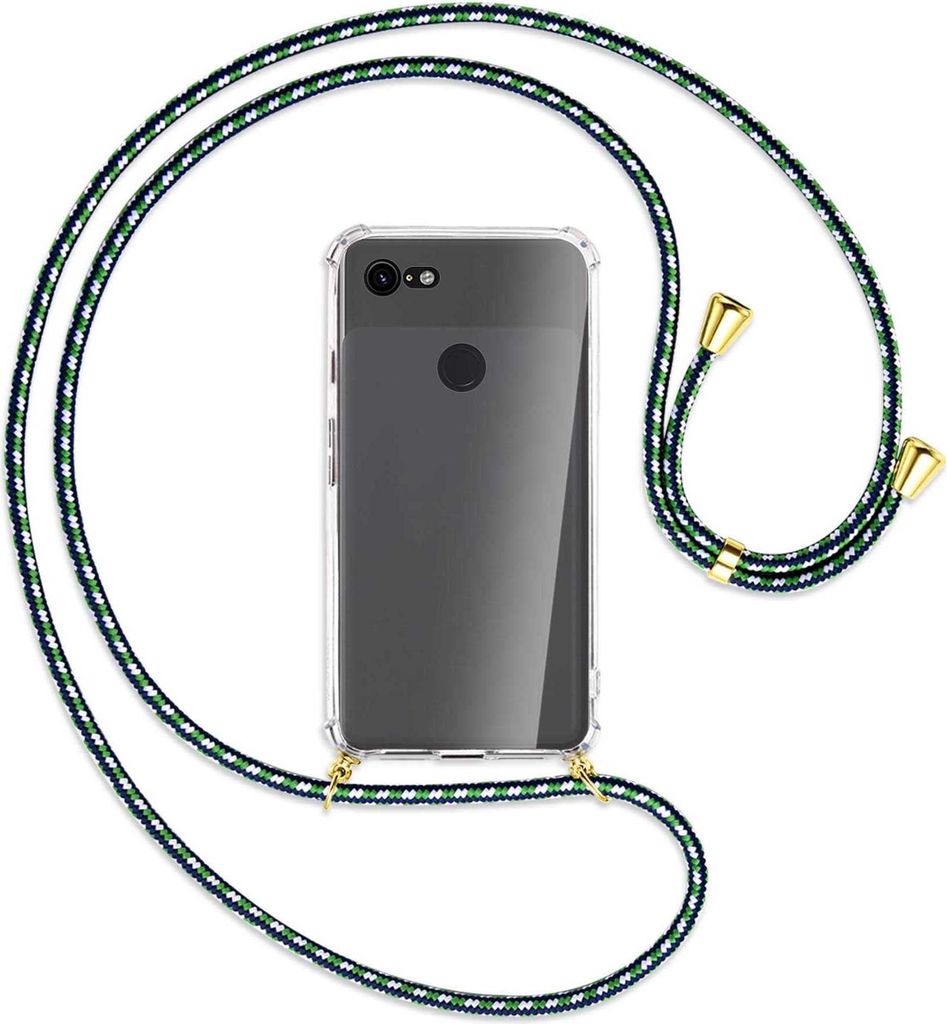 Handykette Backcover-Schutzhülle mit Band (Metall goldfarben) für Google Pixel 3 - grün/blau/weiß