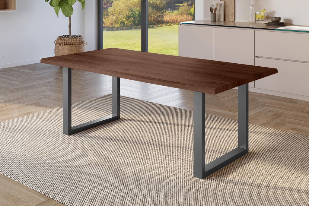 Esstisch Baumkante Holz-Optik Nussbaum 180 x 90 U-Gestell schwarz JULIUS