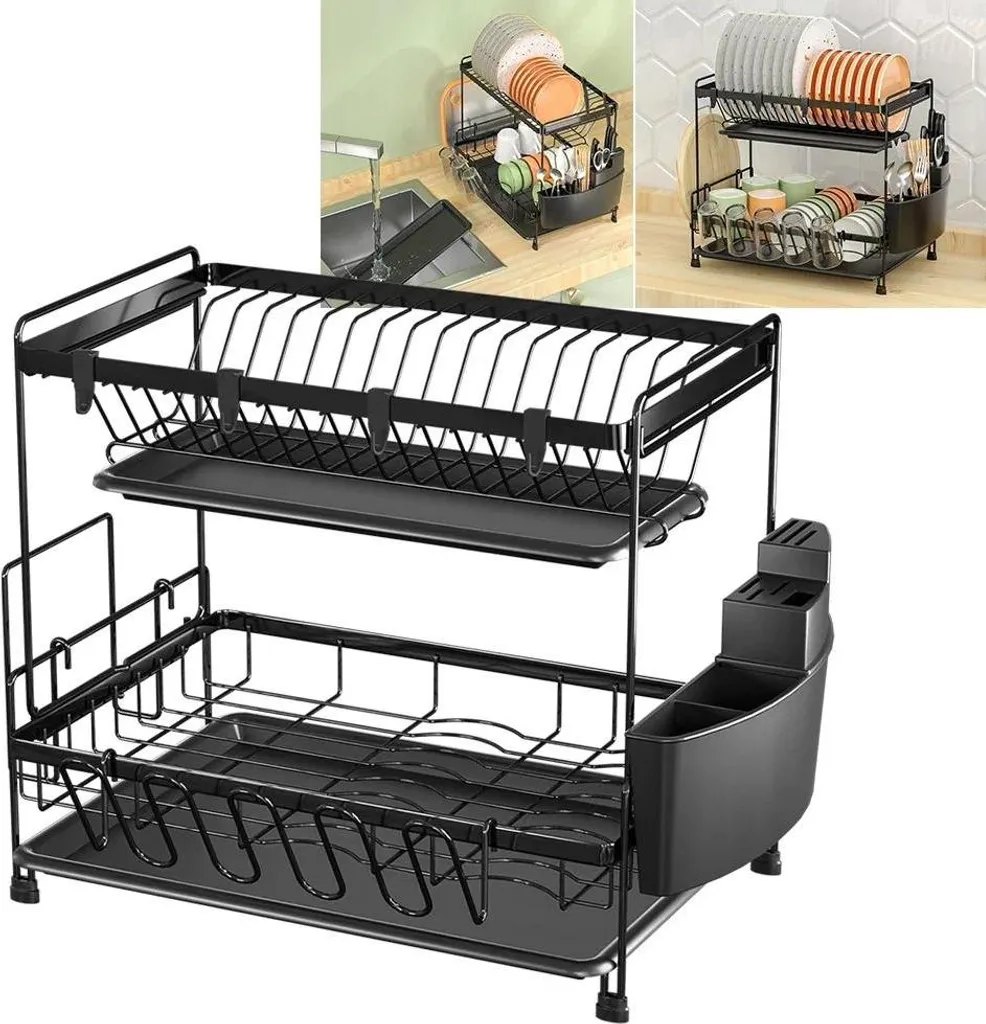 Égouttoir à vaisselle double niveau en inox noir, stable et gain de place