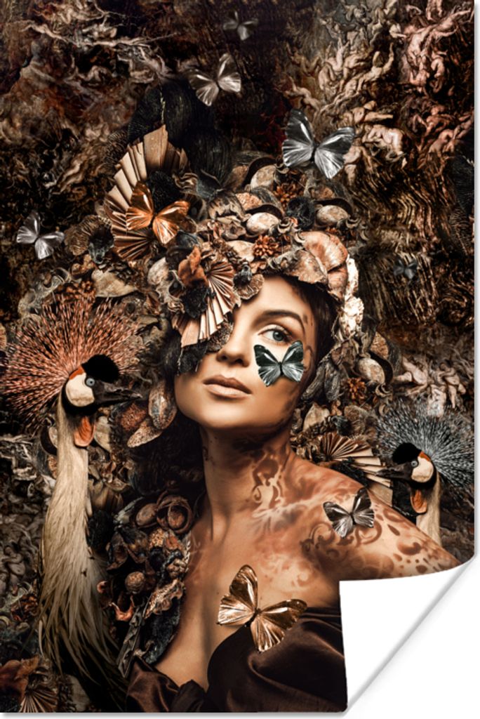 MuchoWow Poster Luxus - Frau - Tiere - Schmetterlinge - Vögel 20x30 cm - Papierdruck