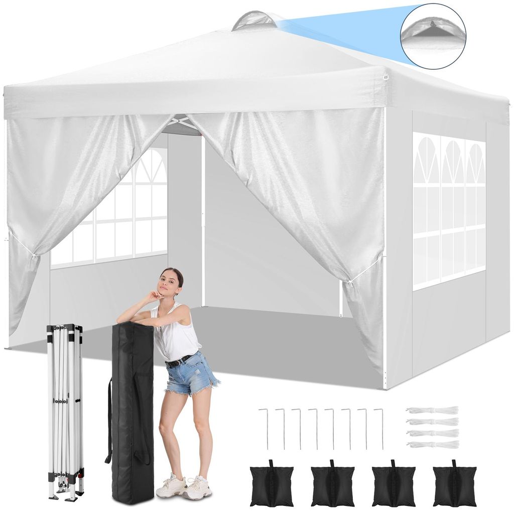 Faltpavillon 3x3m Pop Up Pavillon Faltbar mit 4 Seitenwänden,Oben mit Belüftungsloch,Wasserdicht,UV-Schutz 50+ Gartenzelt Partyzelt, Tasche,4 San...