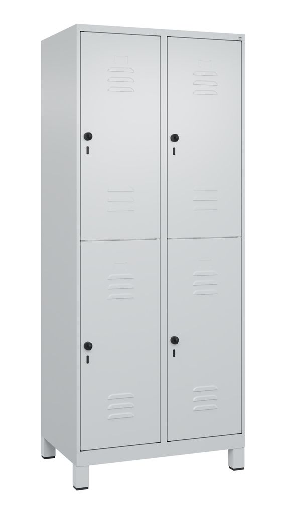 Fächerschrank, doppelstöckig, BxTxH 800x500x1950 mm, 2x2 Fächer, Abt.B 400 mm, Drehriegel, Füße, RAL 7035