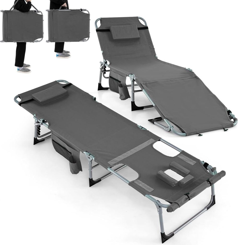 A collage showing a foldable lounge chair in different states and angles, including a person demonstrating its portability.
