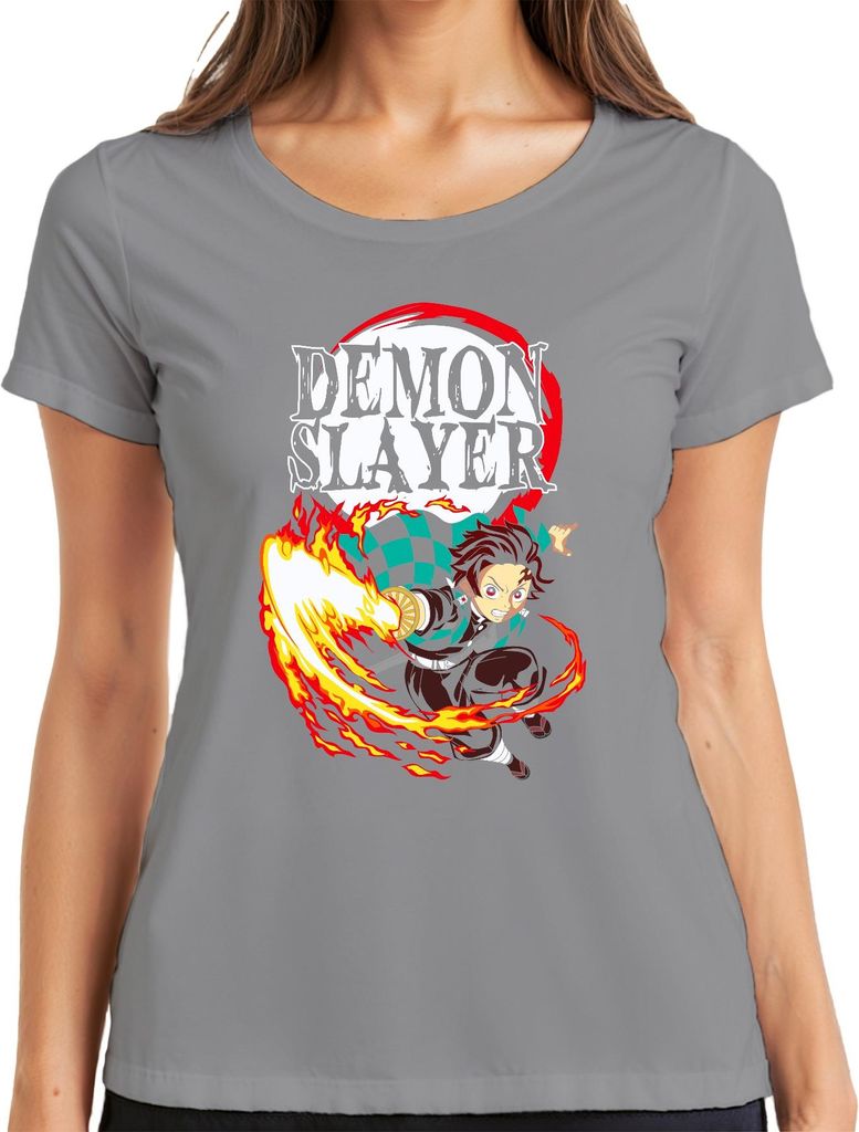 Demon Slayer Tanjiro Kamado Hinokami Kagura Anime Geschenk Damen T-Shirt, Grau, M