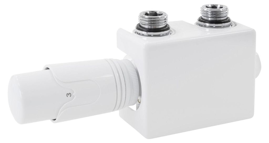 A white radiator valve set with a thermostat head, shown against a white background.