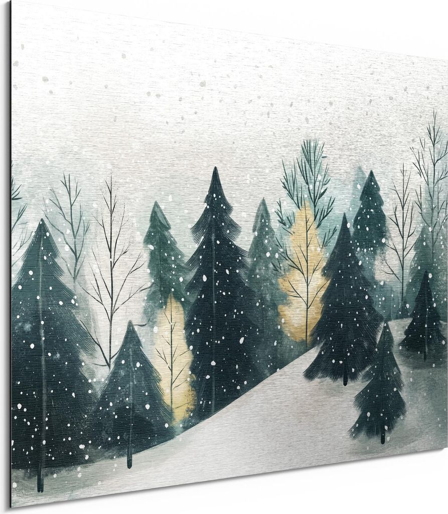 DEQORI Alu-Dibond Bild Silber 80x60 cm 'Winterruhe im Tannenwald' Wandbild Metall dünn