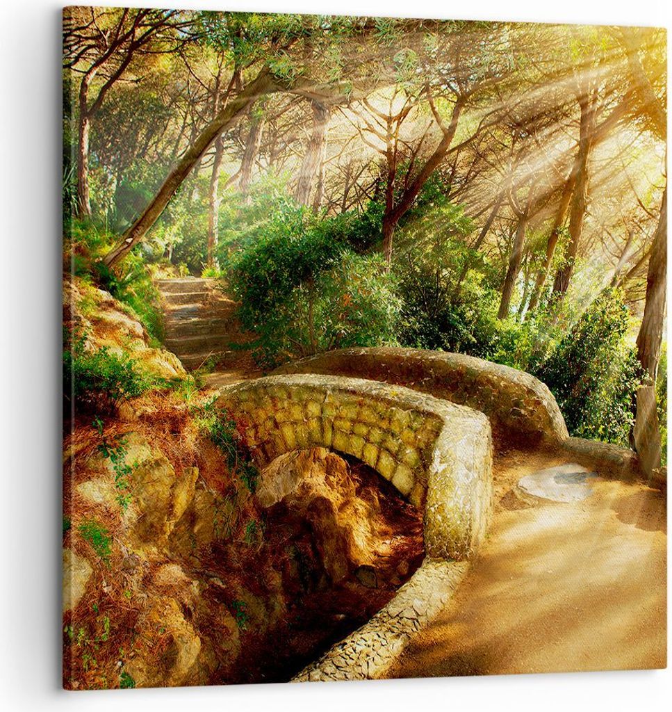 Bild auf Leinwand - Leinwandbild - Pfad Steinbrücke Wald Herbst - 60x60cm - Wand Bild - Wanddeko - Leinwanddruck - Bilder - Kunstdruck - Wanddekor...