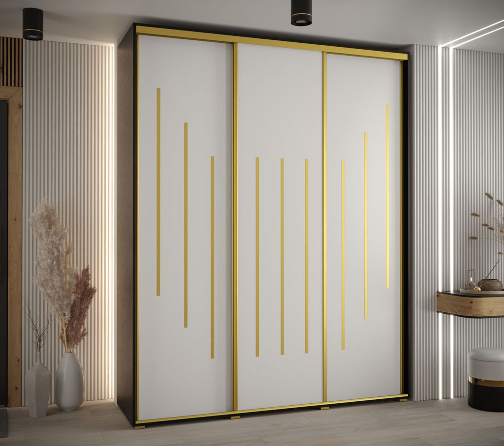 Kleiderschrank ASIRI 8 – 190/45 cm, schwarz/weiß/gold