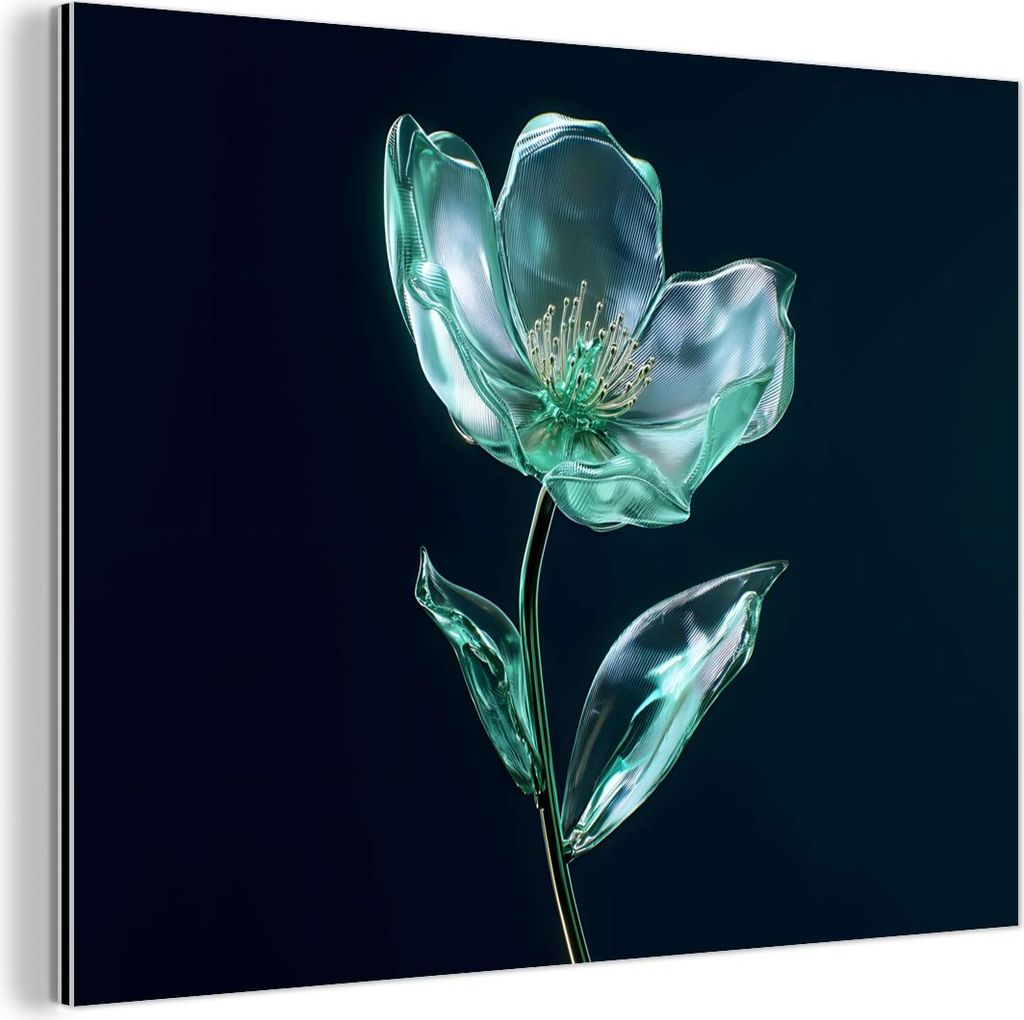 MuchoWow Wanddekoration Metall Metallbild Wandkunst 40x30 cm Blätter - Blume - Gläser - Dunkelblau MuchoWow Aluminium Gemälde - Dekoration Wohnz...