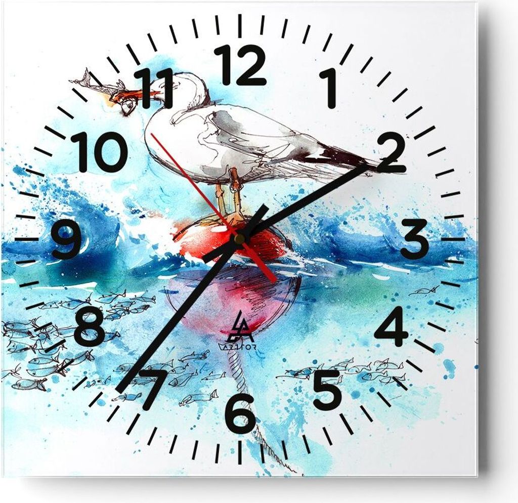 Wanduhr - Quadrat - Glasuhr - Wasser Fische Möwe hungrig - 30x30cm - Schleichendes Uhrwerk - Lautlos - zum Aufhängen bereit - Dekoration Modern -...