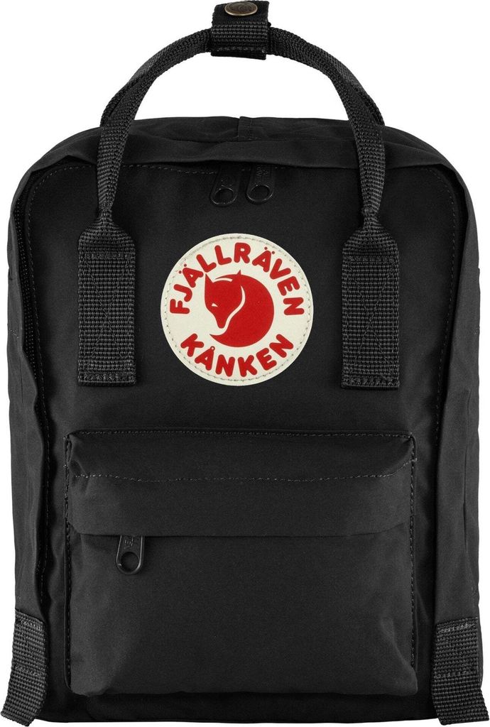 A black Fjällräven Kånken Mini Rucksack is shown against a white background.