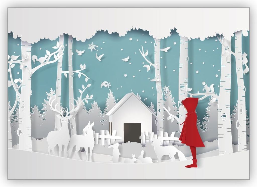 Süße Weihnachtskarte in Papercut Optik (NICHT 3D) mit Rotkäppchen vor Winter Krippe