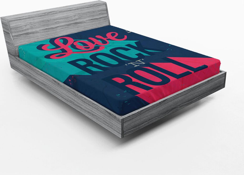 ABAKUHAUS Rockmusik Spannbetttuch, Vintages ich liebe Rock-and-RollSlogan getragenes abstraktes Plakat, 90 x 200 cm, Dunkle Koralle Türkis