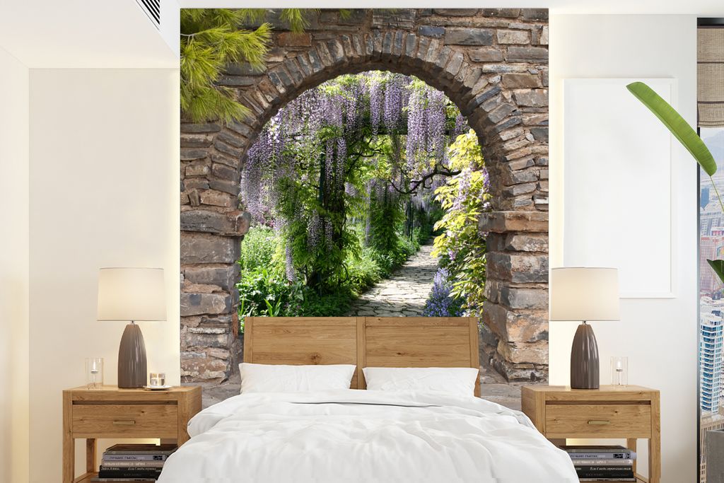 MuchoWow Fototapete für Wohnzimmer oder Schlafzimmer Wandtapete Vinyl Motivtapete Wald - Aussicht - Steine - Weg - 160x220 cm - Bildschirmhinter...