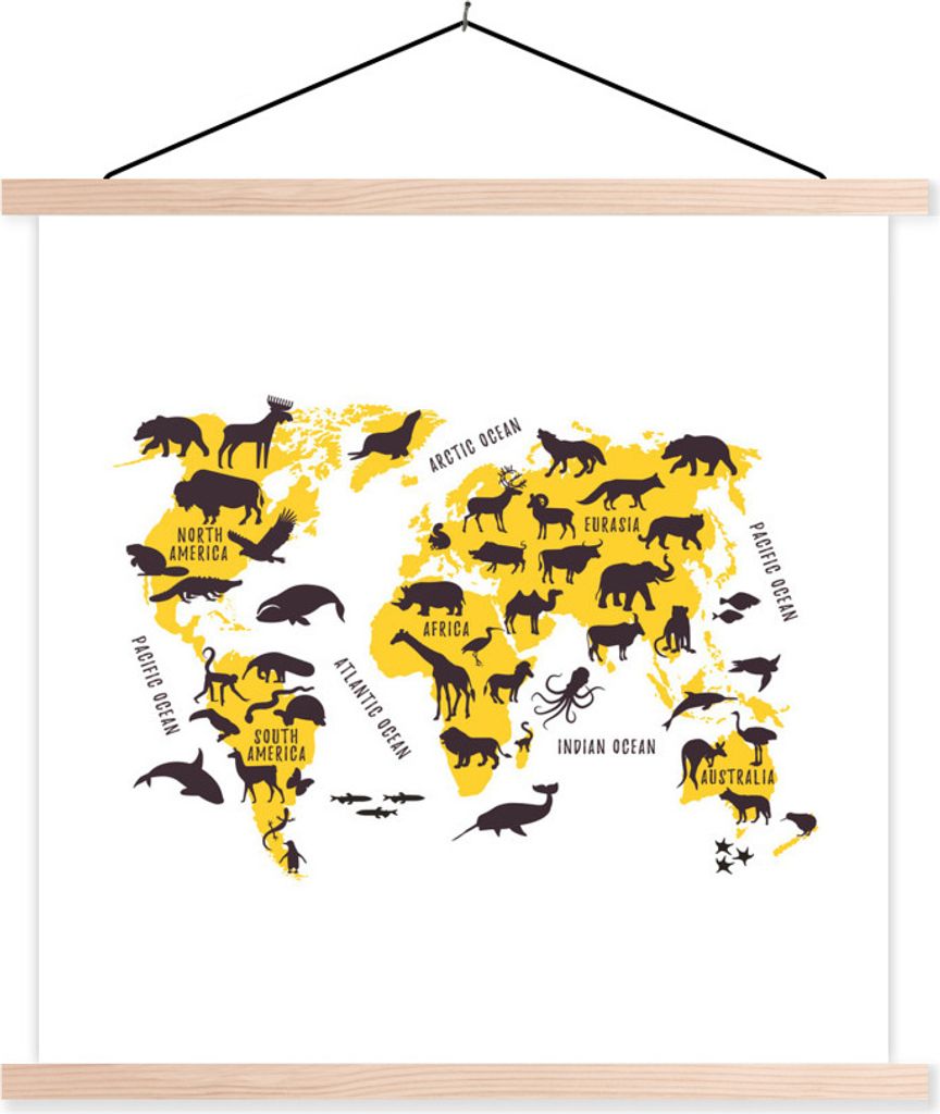 MuchoWow Textilposter Weltkarte - Tiere - Gelb 40x40 cm mit holzfarbenen Rahmen - Posterleiste