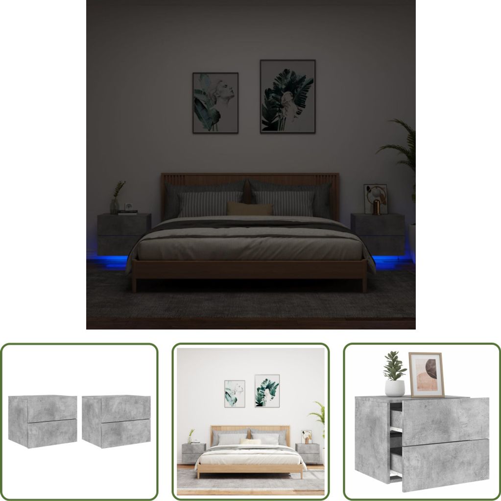 The Living Store Wand-Nachttische mit LED-Leuchten 2 Stk. Betongrau