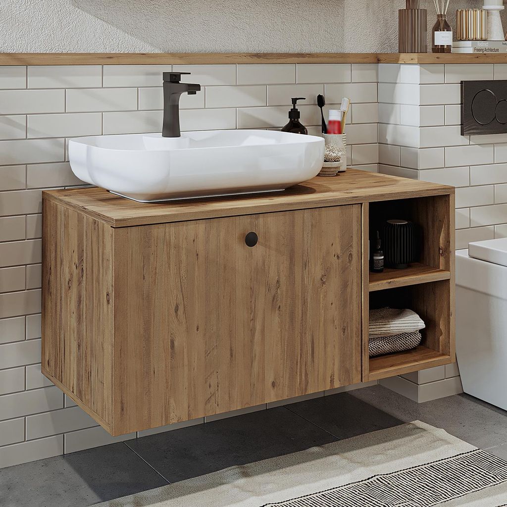 Roomart LOTUS-I-95 Badmöbel Set– 2-teiliges Badezimmermöbel Set - Waschbecken mit Unterschrank - H 45 x B 45 x T 95 cm - Eiche