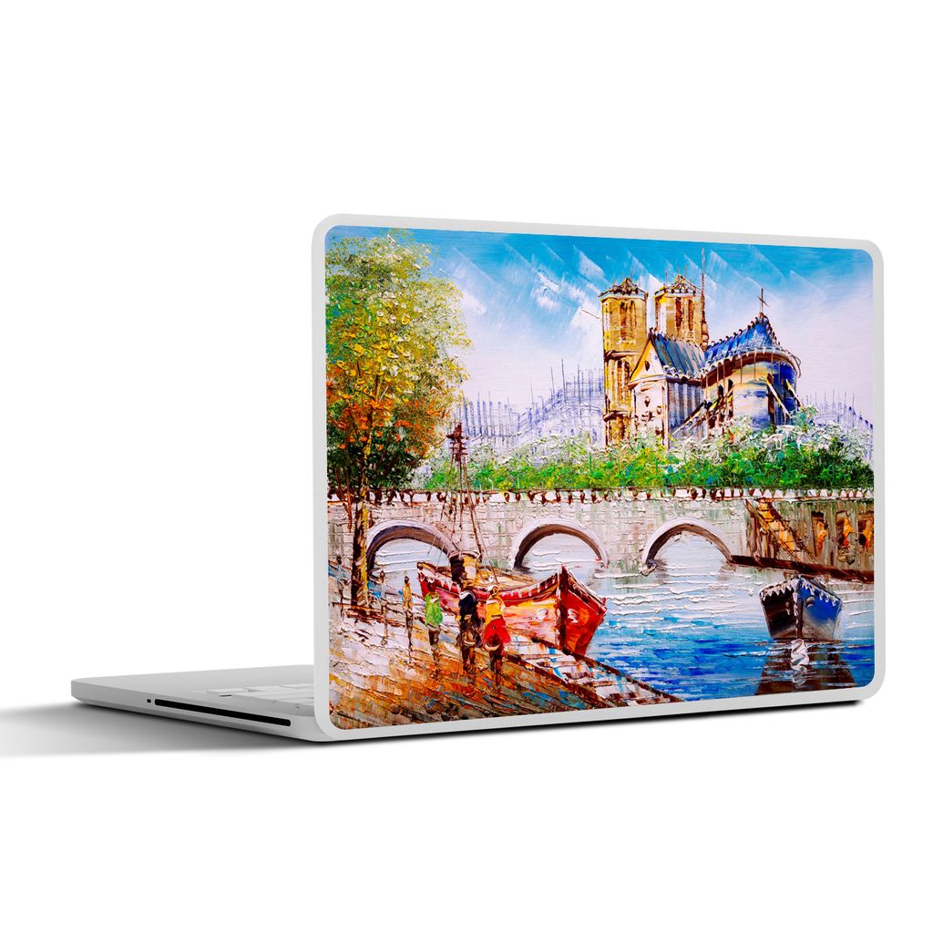 MuchoWow Laptop Aufkleber Sticker Cover Gemälde - Paris - Boot - Brücke 40x30 cm - Laptop Dekoration - Selbstklebend