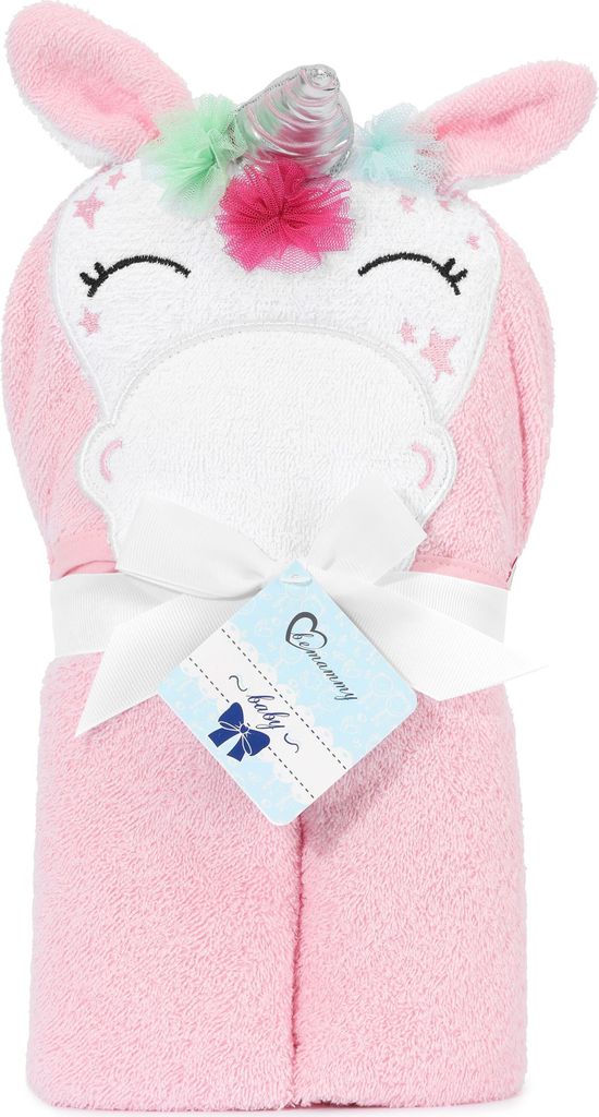 Be Mammy Kapuzenhandtuch Babyhandtuch aus Baumwolle 95cm x 95cm BE20-272-BBL (Rosa - Einhorn, 95 cm x 95 cm)