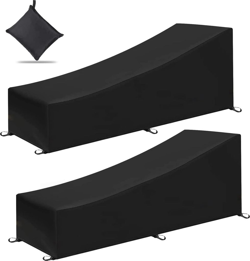 Two black lounge chair covers are displayed against a white background. A small folded black pouch is visible in the upper left corner.