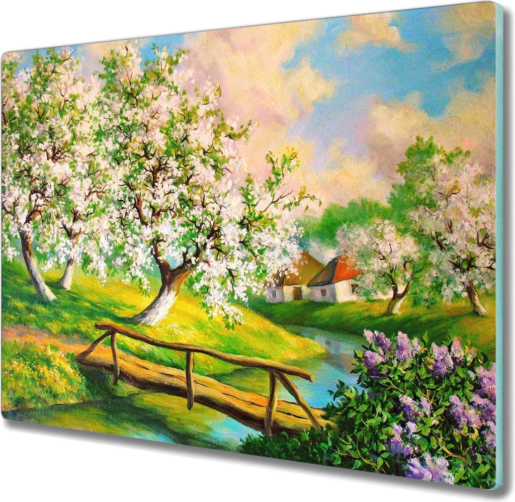 Coloray Schneidebrett Herdabdeckplatte 60x52 cm Kochplattenabdeckung Hackbrett Küchenbrett - Fluss Natur Blumen Baum