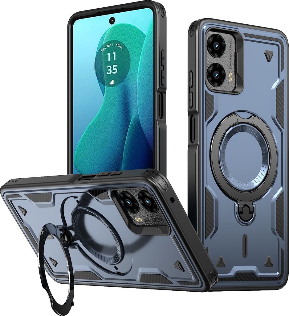 Dual Layer Hülle für Motorola Moto G Play 4G 2024 Metall Ring Ständer Magnetisch Stoßfest Militär Handyhülle Blau
