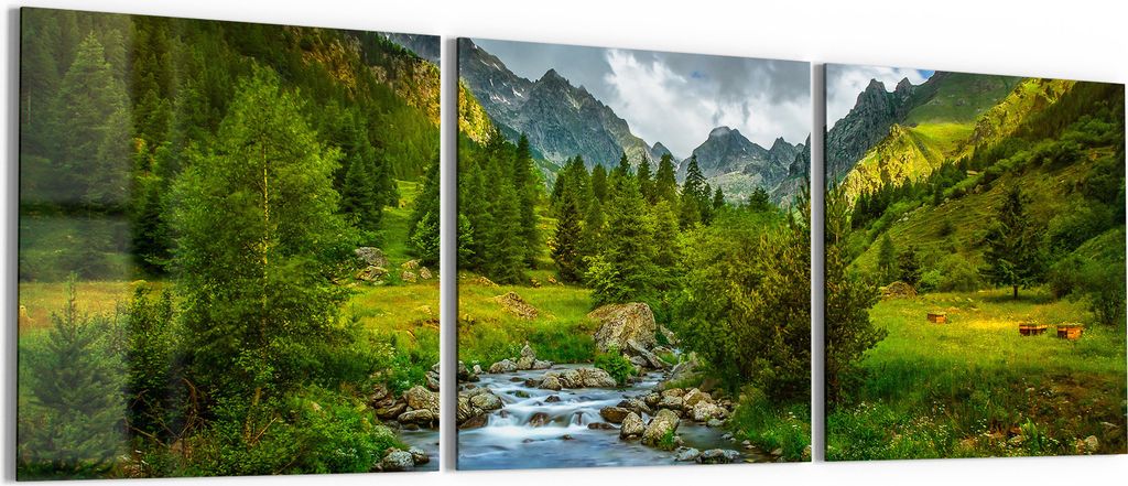 DEQORI Glasbild Echtglas 3x50x50 cm 'Idyllischer Bergfluss' Wandbilder XXL groß