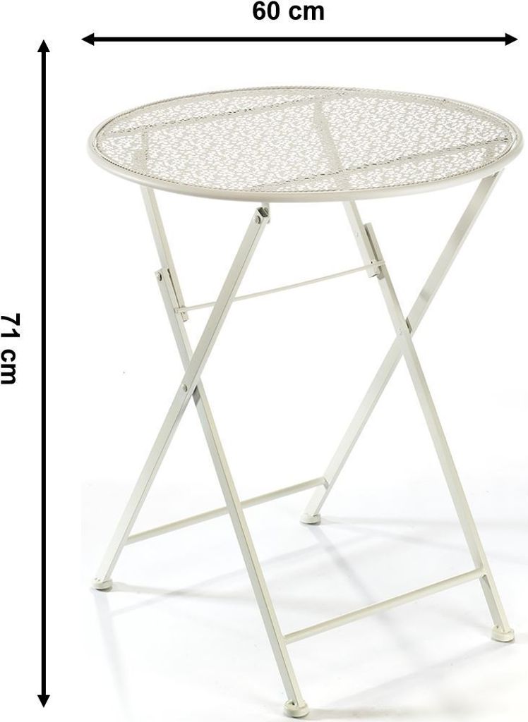 A white metal bistro table with dimensions indicated.