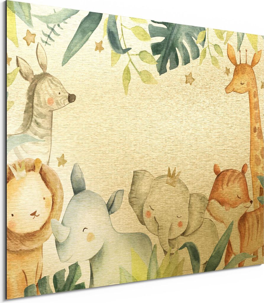 DEQORI Alu-Dibond Bild Gold 40x30 cm 'Niedlich gemalte Tiere' Wandbild Metall dünn Design