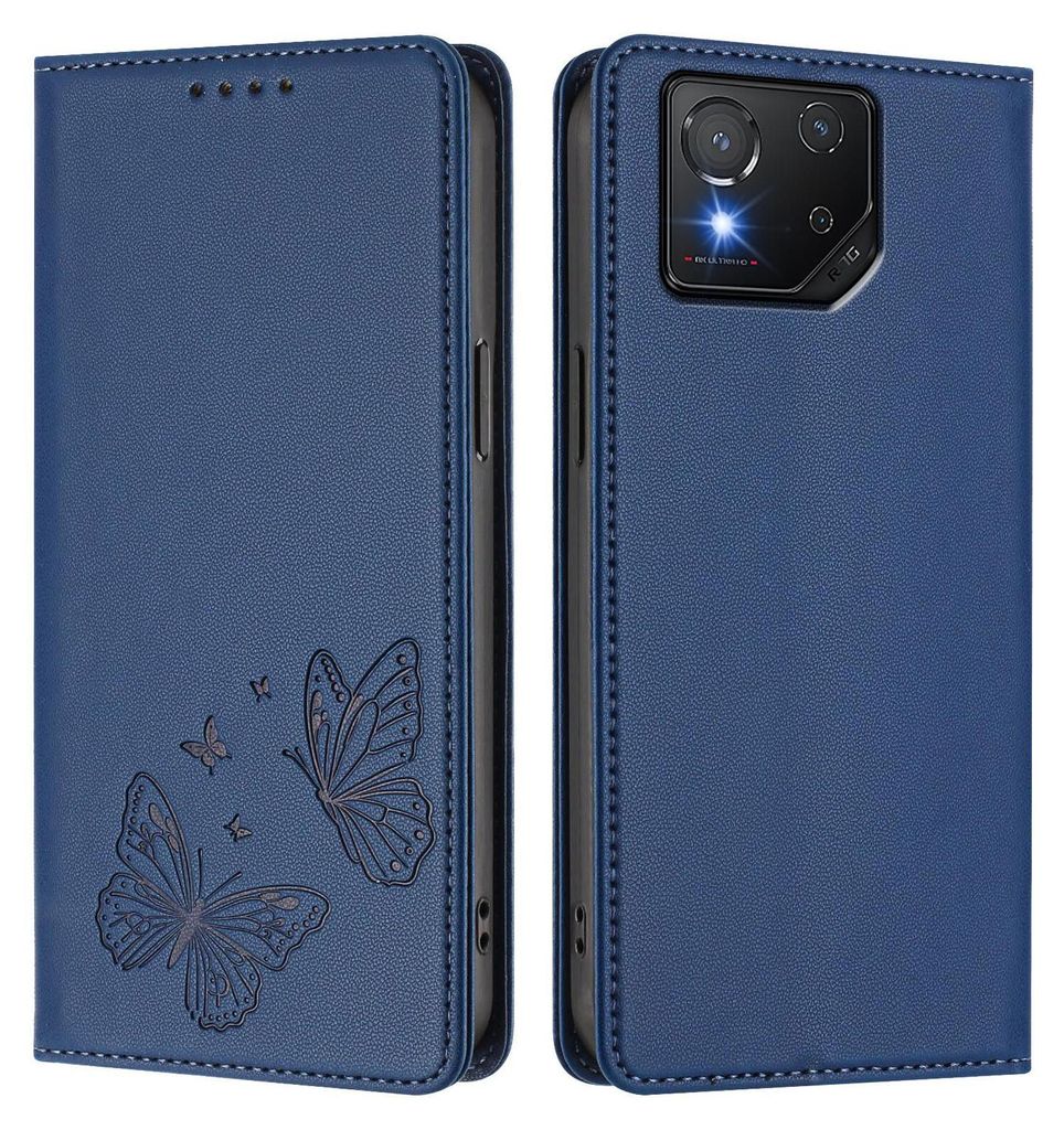 Lederhülle für Asus ROG Phone 8 / 8 Pro, Schmetterling Prägung Leder Brieftasche Schutzhülle mit Ständer Dunkelblau