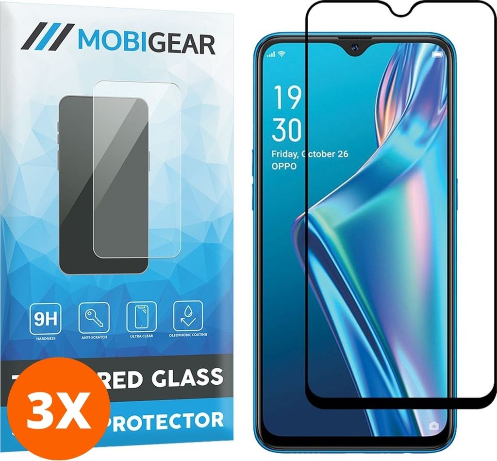Mobigear Premium 9.98 OPPO A12 Panzerglas Gehärtetes Glas Displayschutz - Hüllenfreundlich - Schwarz (3er Pack)