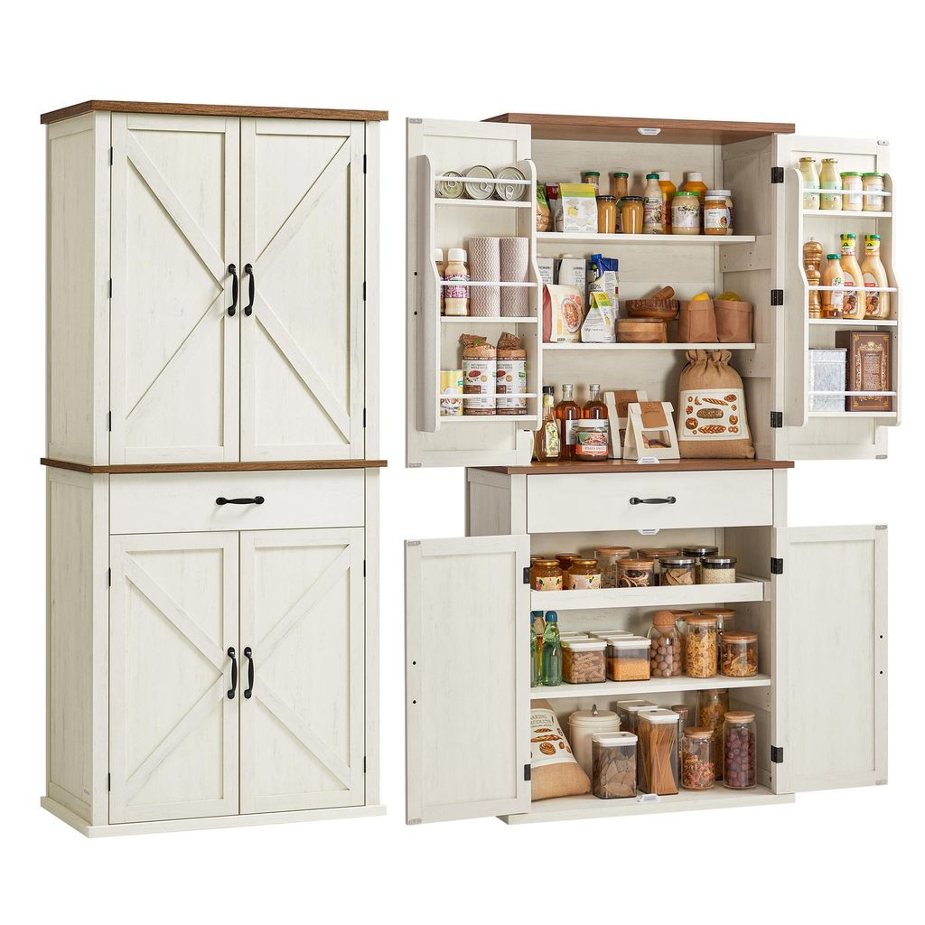 A collage of images showing a multi-piece pantry cabinet in a farmhouse style.