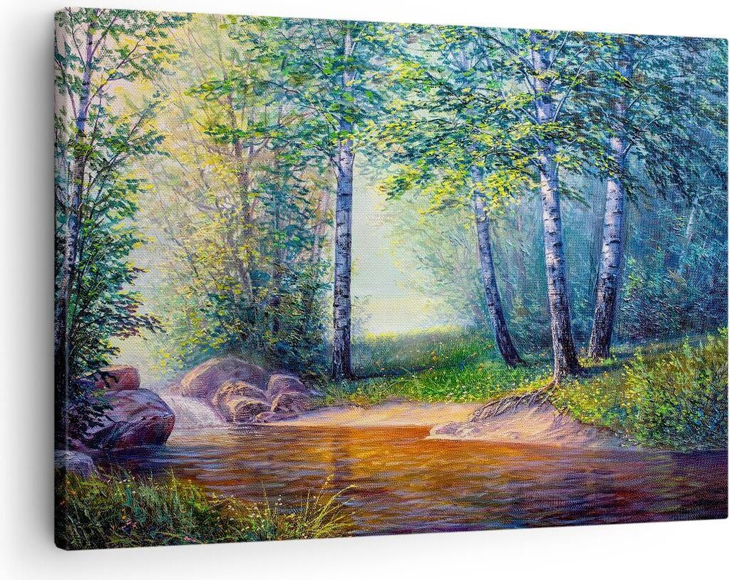 Bild auf Leinwand - Leinwandbild - Wiese Wasser Baum - 70x50cm - Wand Bild - Wanddeko - Wandbilder - Leinwanddruck - Bilder - Kunstdruck - Wanddeko...