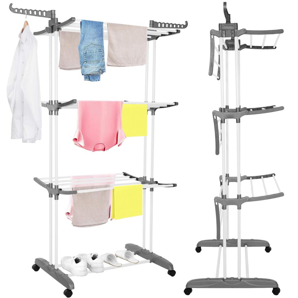 Springos Wäscheständer vertikal klappbar auf Rollen 3 Ebenen Belastung stabil platzsparend für innen und außen